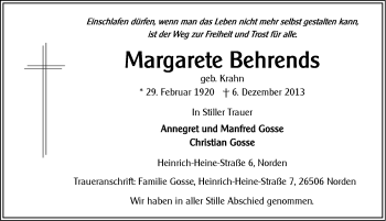Traueranzeige von Margarete Behrends von Ostfriesischer Kurier