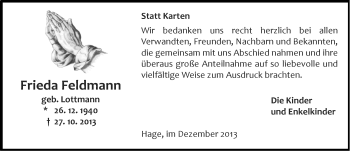 Traueranzeige von Frieda Feldmann von Ostfriesischer Kurier