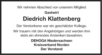 Traueranzeige von Diedrich Klattenberg von Ostfriesischer Kurier