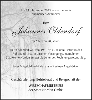 Traueranzeige von Johannes Oldendorf von Ostfriesischer Kurier