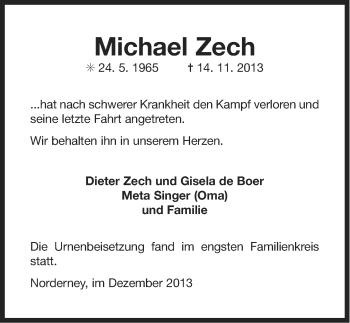 Traueranzeige von Michael Zech von Ostfriesischer Kurier