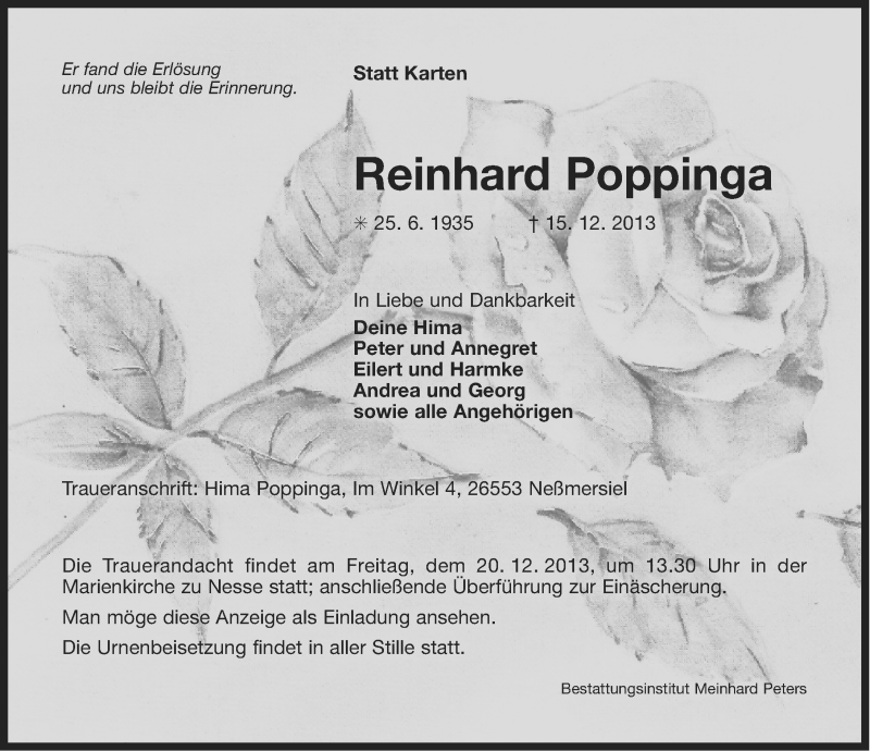  Traueranzeige für Reinhard Poppinga vom 17.12.2013 aus Ostfriesischer Kurier