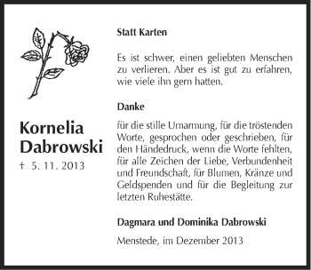 Traueranzeige von Kornelia Dabrowski von Ostfriesischer Kurier