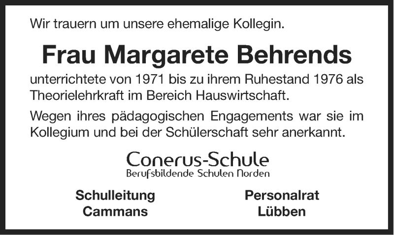  Traueranzeige für Margarete Behrends vom 18.12.2013 aus Ostfriesischer Kurier