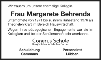 Traueranzeige von Margarete Behrends von Ostfriesischer Kurier