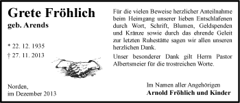 Traueranzeige von Grete Fröhlich von Ostfriesischer Kurier