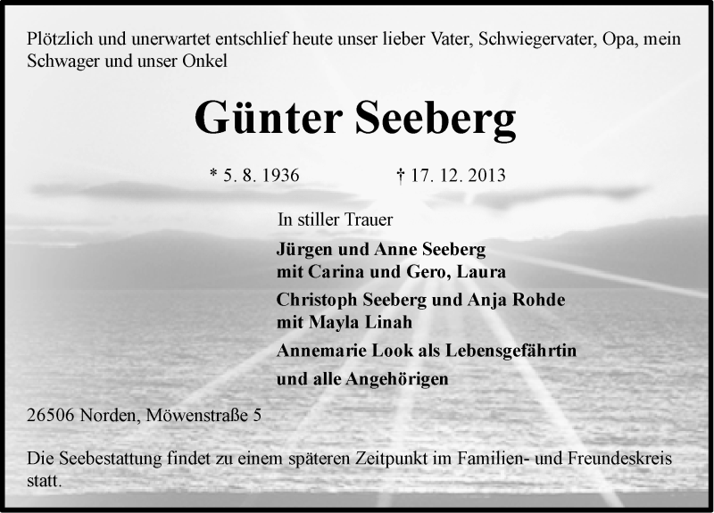  Traueranzeige für Günter Seeberg vom 18.12.2013 aus Ostfriesischer Kurier