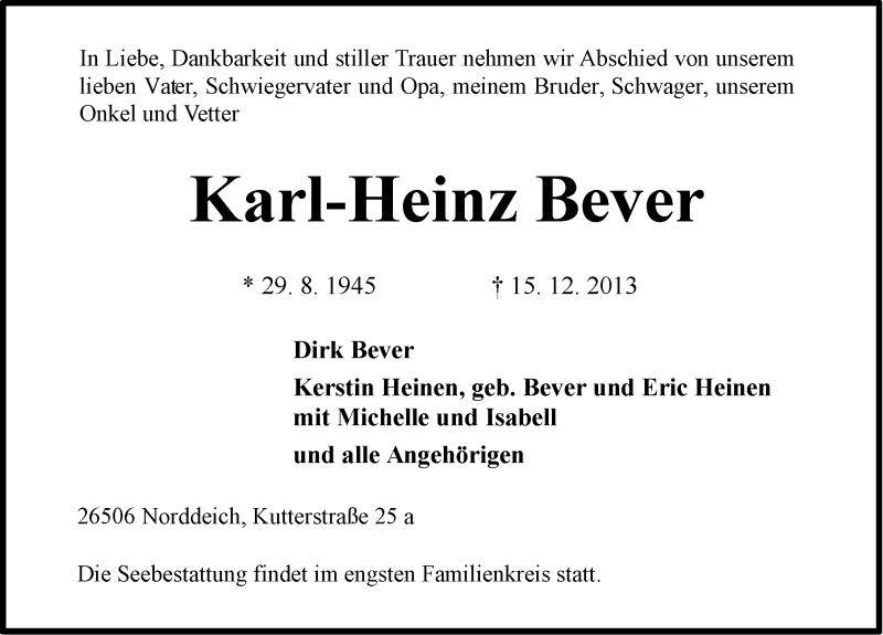  Traueranzeige für Karl-Heinz Bever vom 19.12.2013 aus Ostfriesischer Kurier