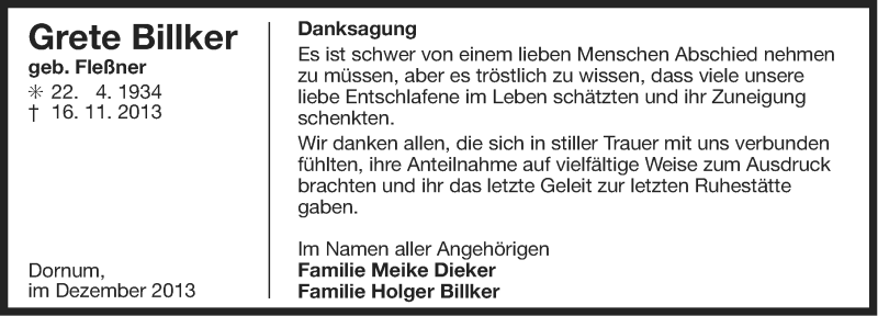  Traueranzeige für Grete Billker vom 21.12.2013 aus Ostfriesischer Kurier