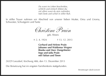 Traueranzeige von Christine Pruin von Ostfriesischer Kurier
