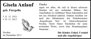 Traueranzeige von Gisela Anlauf von Ostfriesischer Kurier