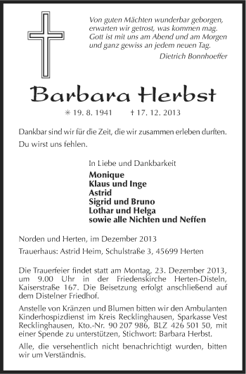 Traueranzeige von Barbara Herbst von Ostfriesischer Kurier