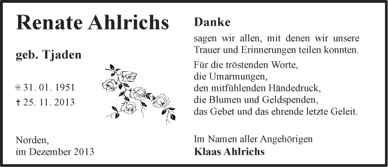  Traueranzeige für Renate Ahlrichs vom 28.12.2013 aus Ostfriesischer Kurier