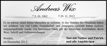 Traueranzeige von Andreas Wix von Ostfriesischer Kurier