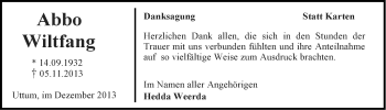 Traueranzeige von Abbo Wiltfang von Ostfriesischer Kurier