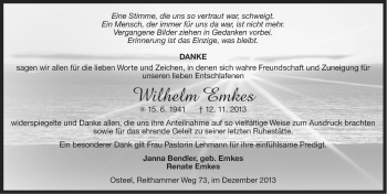 Traueranzeige von Wilhelm Emkes von Ostfriesischer Kurier