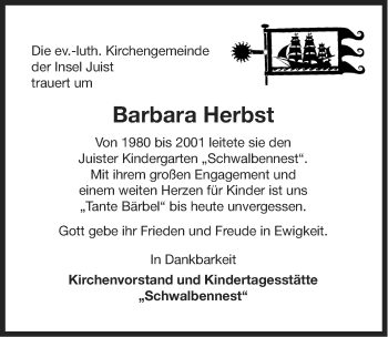 Traueranzeige von Barbara Herbst von Ostfriesischer Kurier
