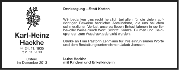 Traueranzeige von Karl-Heinz Hackhe von Ostfriesischer Kurier