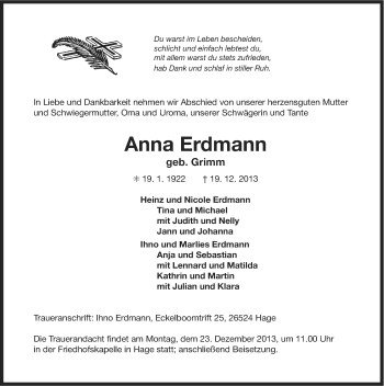 Traueranzeige von Anna Erdmann von Ostfriesischer Kurier