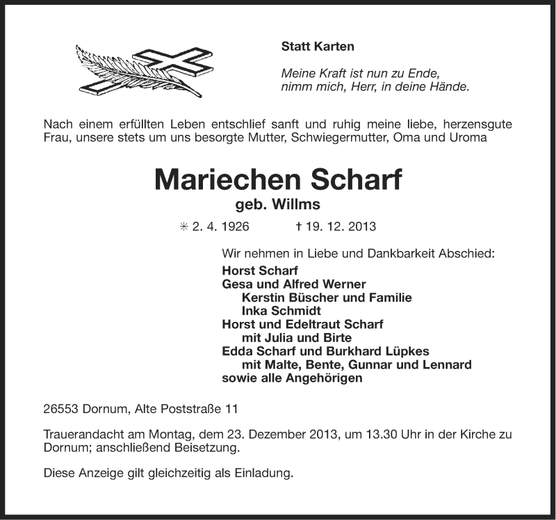  Traueranzeige für Mariechen Scharf vom 20.12.2013 aus Ostfriesischer Kurier
