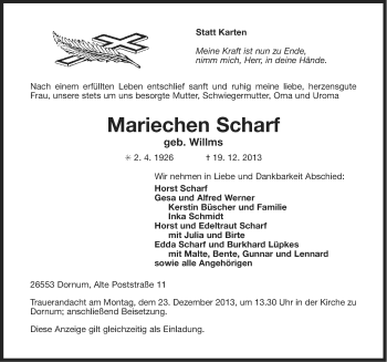 Traueranzeige von Mariechen Scharf von Ostfriesischer Kurier