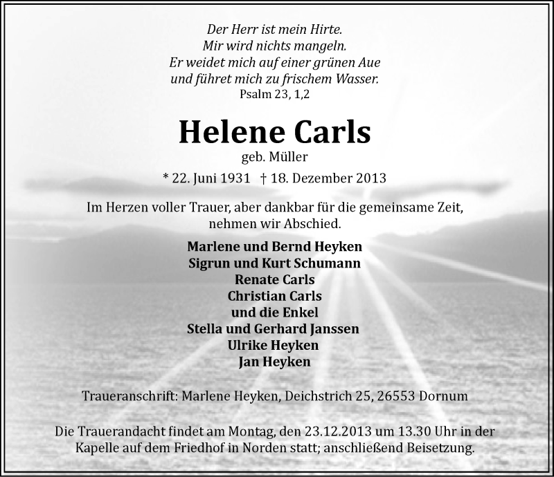  Traueranzeige für Helene Carls vom 20.12.2013 aus Ostfriesischer Kurier