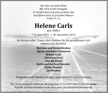 Traueranzeige von Helene Carls von Ostfriesischer Kurier