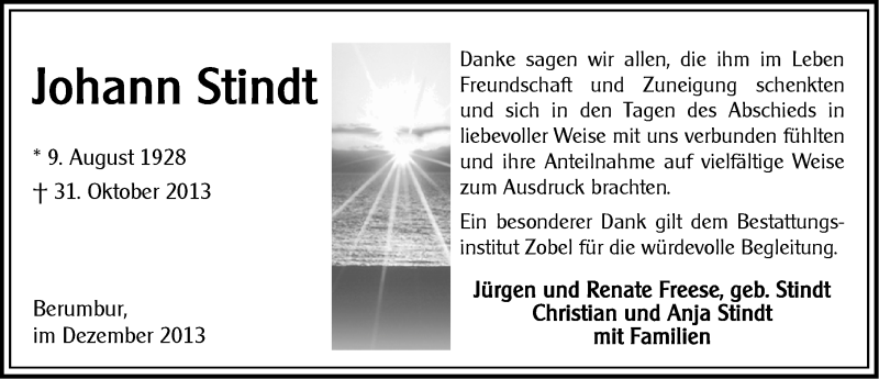  Traueranzeige für Johann Stindt vom 21.12.2013 aus Ostfriesischer Kurier