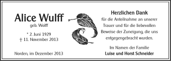 Traueranzeige von Alice Wulff von Ostfriesischer Kurier