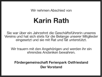 Traueranzeige von Karin Rath von Ostfriesischer Kurier