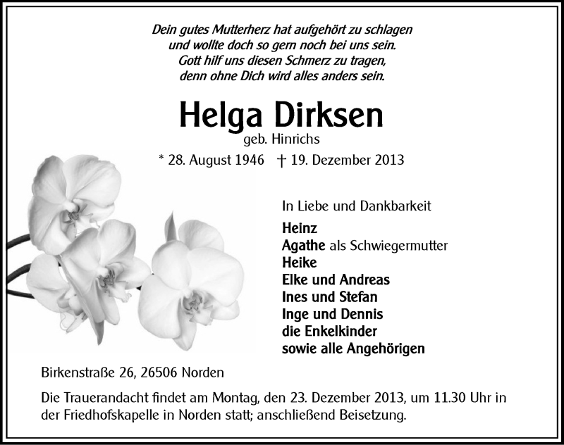  Traueranzeige für Helga Dirksen vom 21.12.2013 aus Ostfriesischer Kurier