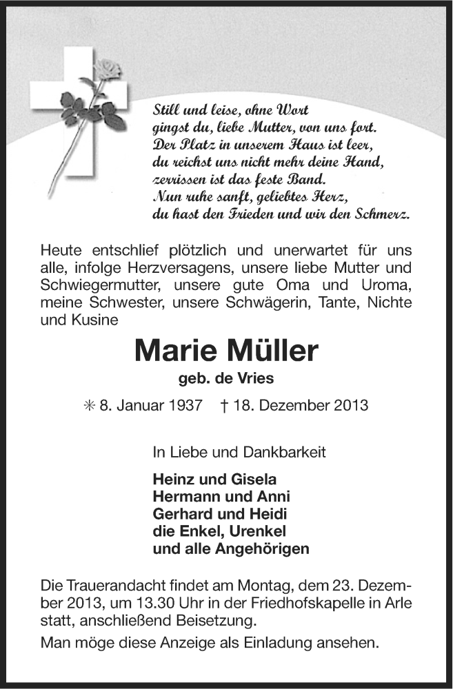  Traueranzeige für Marie Müller vom 21.12.2013 aus Ostfriesischer Kurier