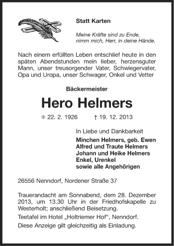 Traueranzeige von Hero Helmers von Ostfriesischer Kurier