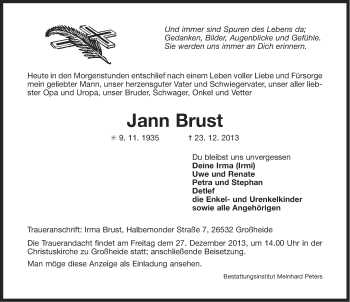 Traueranzeige von Jann Brust von Ostfriesischer Kurier