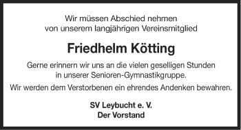Traueranzeige von Friedhelm Kötting von Ostfriesischer Kurier