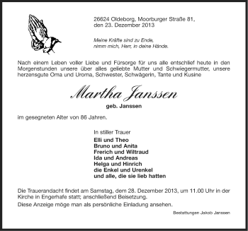 Traueranzeige von Martha Janssen von Ostfriesischer Kurier