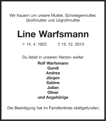 Traueranzeige von Line Warfsmann von Ostfriesischer Kurier