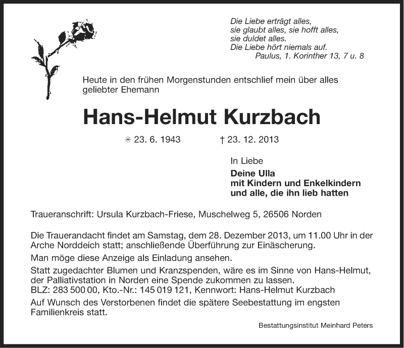  Traueranzeige für Hans-Helmut Kurzbach vom 24.12.2013 aus Ostfriesischer Kurier