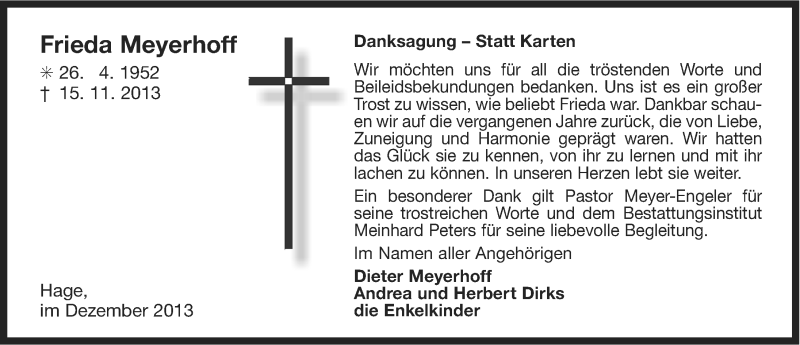  Traueranzeige für Frieda Meyerhoff vom 28.12.2013 aus Ostfriesischer Kurier