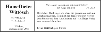 Traueranzeige von Hans-Dieter Wittösch von Ostfriesischer Kurier