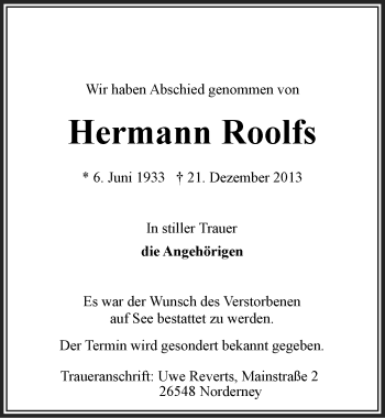 Traueranzeige von Hermann Roolfs von Ostfriesischer Kurier