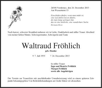 Traueranzeige von Waltraud Fröhlich von Ostfriesischer Kurier