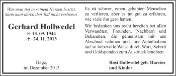 Traueranzeige von Gerhard Hollwedel von Ostfriesischer Kurier