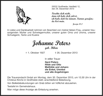 Traueranzeige von Johanne Peters von Ostfriesischer Kurier