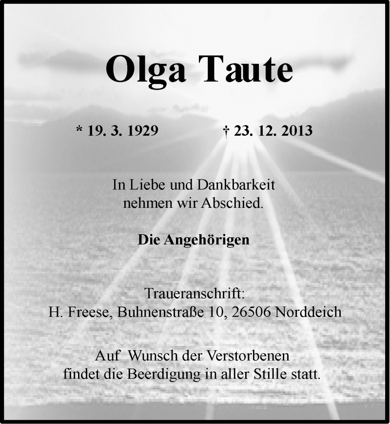  Traueranzeige für Olga Taute vom 28.12.2013 aus Ostfriesischer Kurier