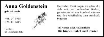 Traueranzeige von Anna Goldenstein von Ostfriesischer Kurier