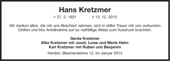 Traueranzeige von Hans Kretzmer von Ostfriesischer Kurier