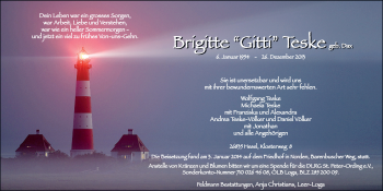 Traueranzeige von Brigitte Teske von Ostfriesischer Kurier
