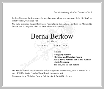 Traueranzeige von Berna Berkow von Ostfriesischer Kurier