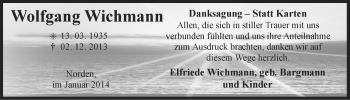 Traueranzeige von Wolfgang Wichmann von Ostfriesischer Kurier